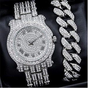 Iced Out Wh. Gold PT Watch, Heavy Iced Bracelet